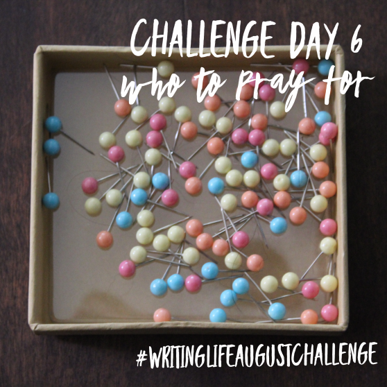 Box of colorful pins for a bulletin board. Photo text: Challenge Day 6, who to pray for. #writinglifeaugustchallenge